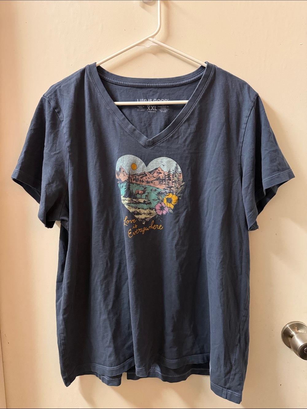 Life Is Good Navy V‑Neck Tee with Heart Nature Graphic